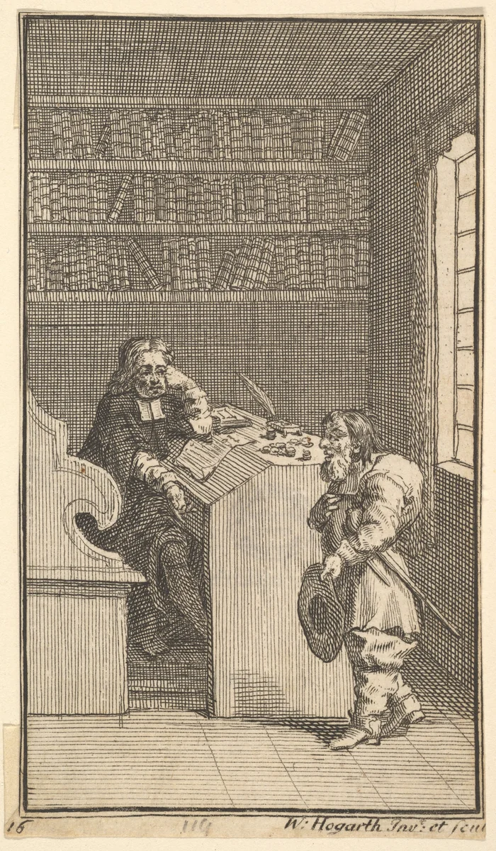 Hudibras and the Lawyer (Seventeen Small Illustrations for Samuel Butler's Hudibras, no.16) by William Hogarth, print, 1721-1726