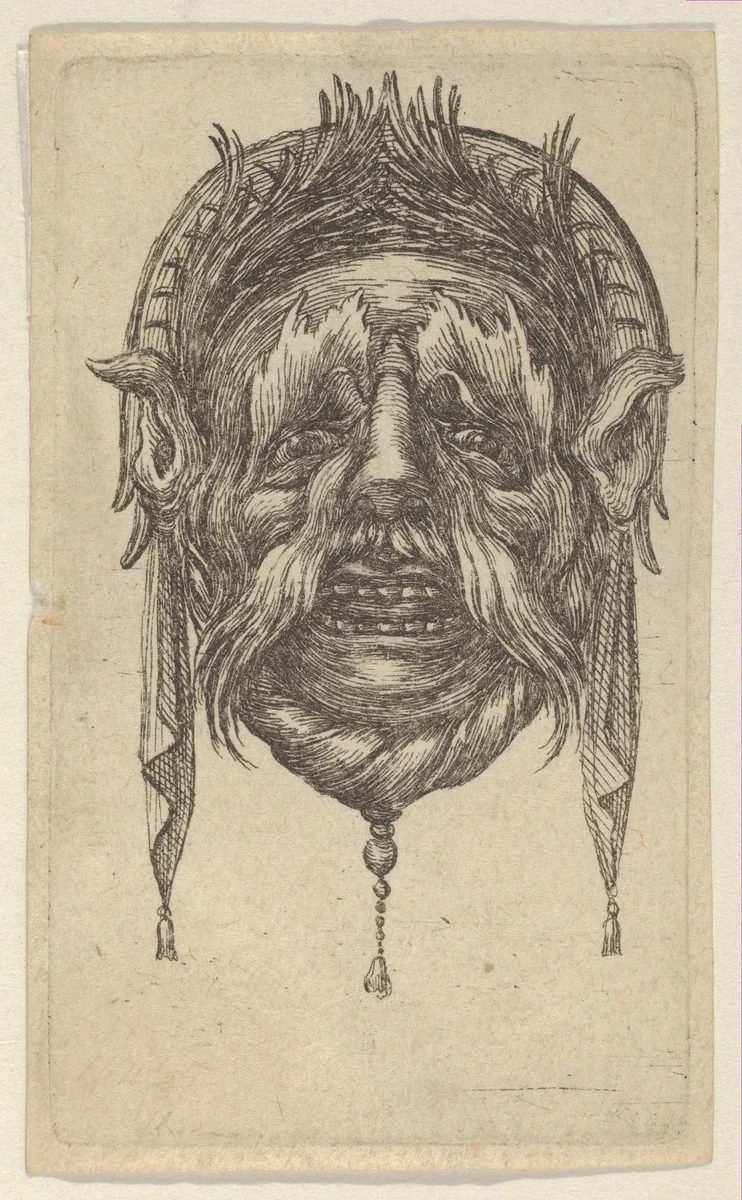 Mask with Long Eyebrows and Mustache and a Headdress with Dangling Cloth, from "Divers Masques" by François Chauveau, print, 1630-1650