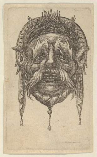 Mask with Long Eyebrows and Mustache and a Headdress with Dangling Cloth, from "Divers Masques" by François Chauveau, print, 1630-1650