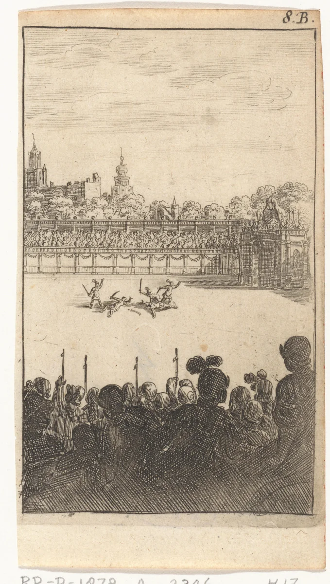 Gevecht tussen enkele gewapende mannen by Abraham Dircksz. Santvoort, print, 1667