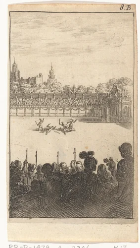 Gevecht tussen enkele gewapende mannen by Abraham Dircksz. Santvoort, print, 1667