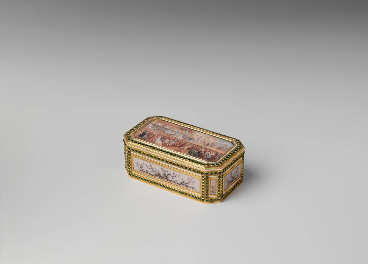 Snuffbox with theatrical scenes of a rope dancer and a puppet show by Joseph Etienne Blerzy, metalwork, 1778-1779