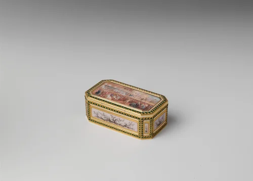 Snuffbox with theatrical scenes of a rope dancer and a puppet show by Joseph Etienne Blerzy, metalwork, 1778-1779