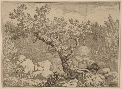 Sportsman near a Large Tree by Allart van Everdingen, print, 1645-1656