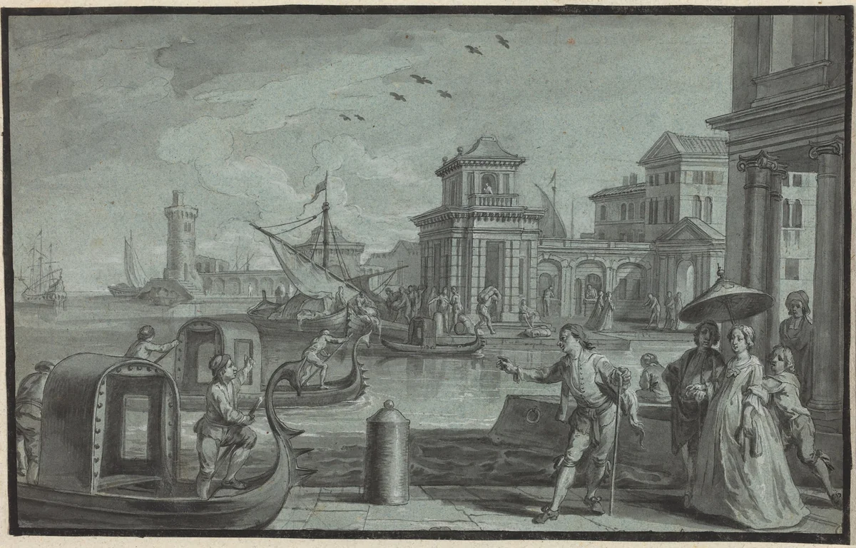 Venetian Fantasy with the Dogana by Johann Wolfgang Baumgartner, drawing, 1750-1759