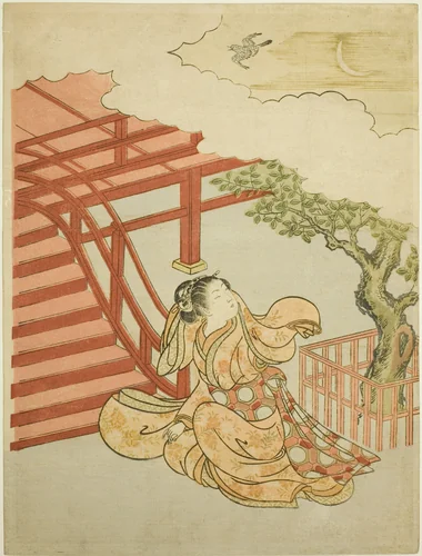 The Call of the Cuckoo from above the Clouds (parody of Minamoto no Yorimasa) by Suzuki Harunobu (鈴木春信), painting, 1761-1770
