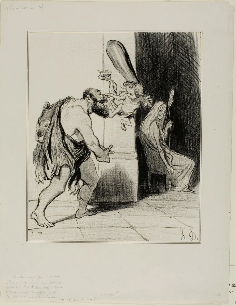 Hercules Tamed By Love. This mischievous God in his triumphant ways subjects all, kings, shepherds, heroes and gays, Alcide interrupts his dreaded exploits and binds him while Omphale overjoys. (Gallant poetry by Monsieur Sauzet), plate 25 from Histoire Ancienne by Honoré-Victorin Daumier, print, 1842
