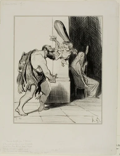 Hercules Tamed By Love. This mischievous God in his triumphant ways subjects all, kings, shepherds, heroes and gays, Alcide interrupts his dreaded exploits and binds him while Omphale overjoys. (Gallant poetry by Monsieur Sauzet), plate 25 from Histoire Ancienne by Honoré-Victorin Daumier, print, 1842