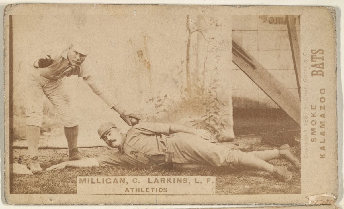 Milligan, Catcher and Larkins, Left Field, Athletics, from the Kalamazoo Bats series (N690) issued by Chas. Gross & Co. to promote Kalamazoo Bats by Chas. Gross & Co., photograph, 1887