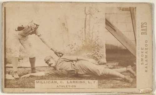 Milligan, Catcher and Larkins, Left Field, Athletics, from the Kalamazoo Bats series (N690) issued by Chas. Gross & Co. to promote Kalamazoo Bats by Chas. Gross & Co., photograph, 1887