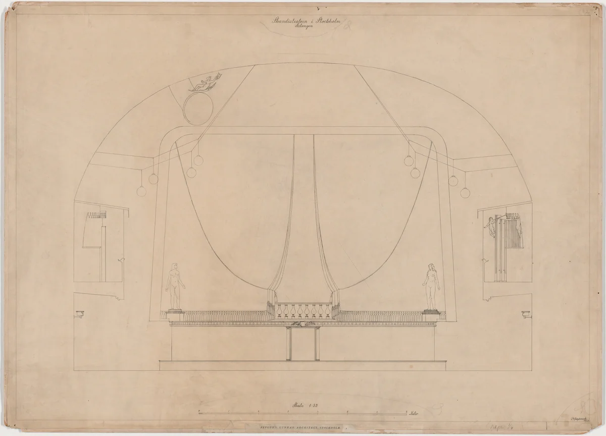 Skandia Cinema, Stockholm, Sweden, Elevation of front of auditorium by Erik Gunnar Asplund, architecture, 1923
