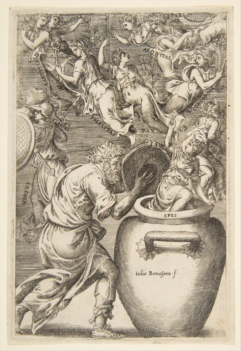 Epimetheus opening Pandora's box by Giulio Bonasone, print, 1531-1576