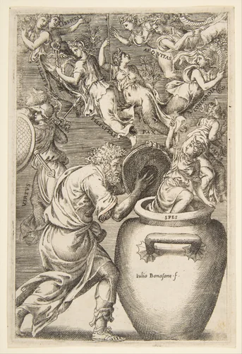 Epimetheus opening Pandora's box by Giulio Bonasone, print, 1531-1576