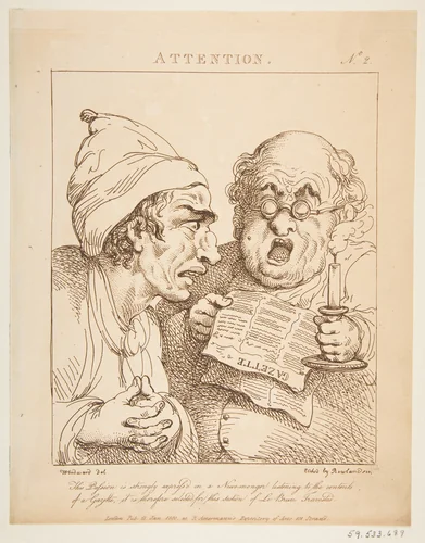 Attention (Le Brun Travested, or Caricatures of the Passions) by Thomas Rowlandson, print, 1800