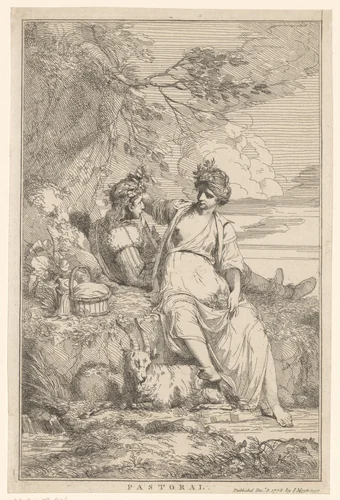 Vrouw zit aan een strik in het haar van een herder, die op een fluit blaast by John Hamilton Mortimer, print, 1778