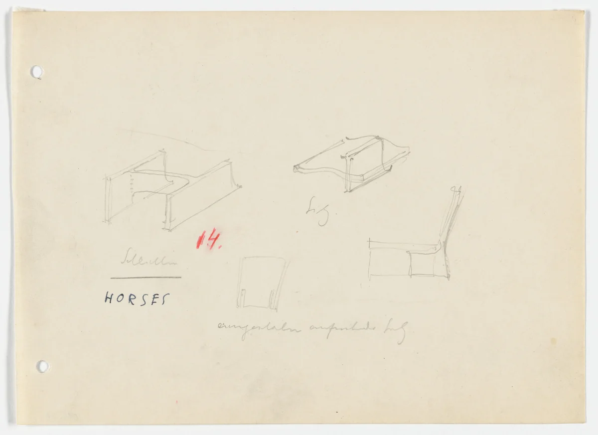 Chair without Arms. Base. (Elevation and perspective sketches) by Ludwig Mies van der Rohe, mies van der rohe archive, 1926