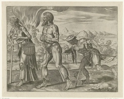 Armoede en een gewelddadige dood kunnen de mens overvallen by Philips Galle, print, 1563