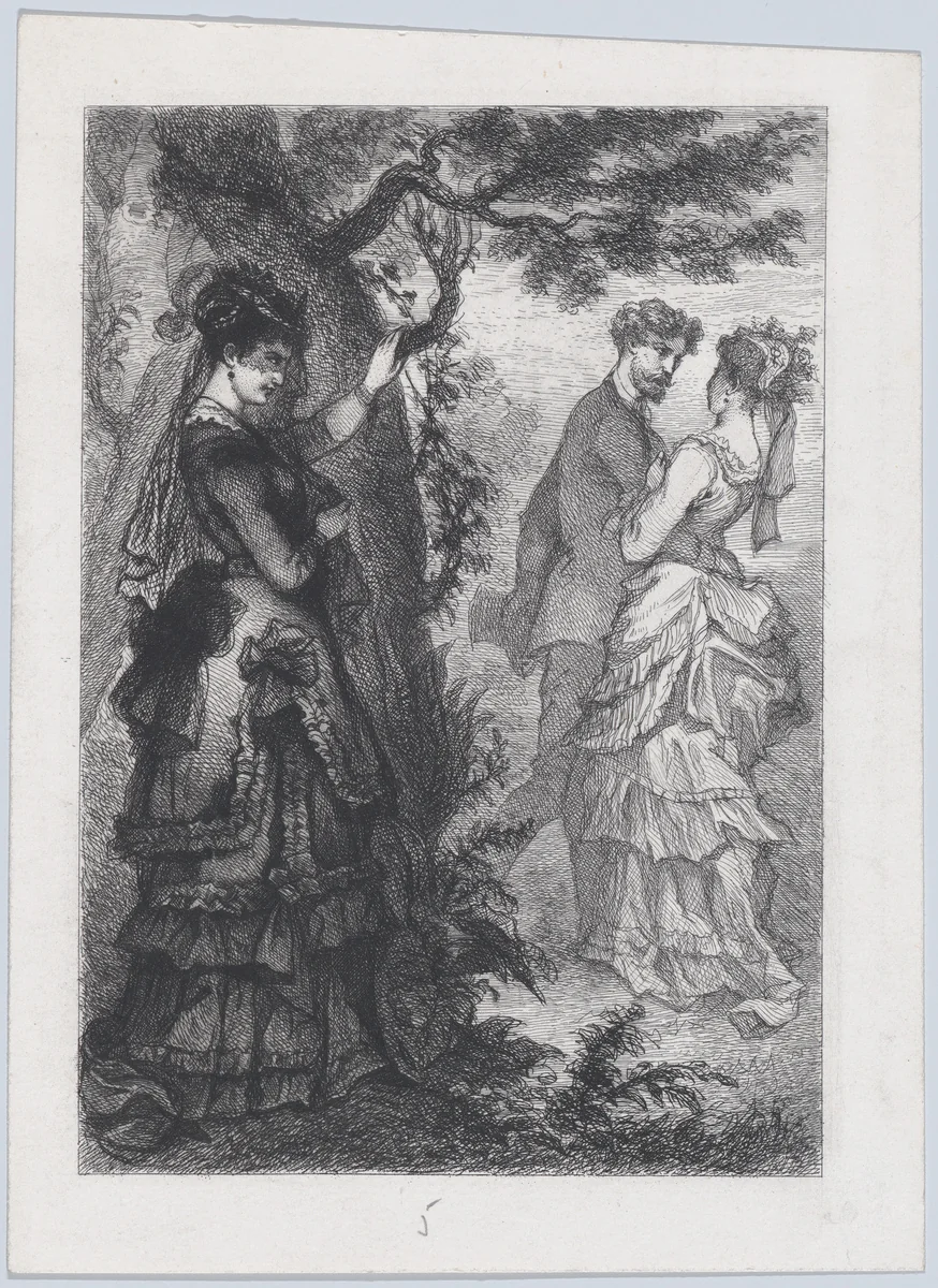 A Woman Watching a Couple from Behind a Tree by J. Cariven, print, 1864-1880