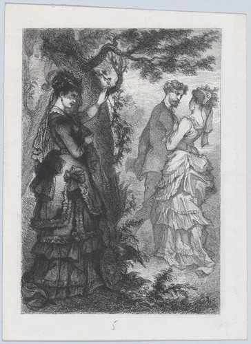 A Woman Watching a Couple from Behind a Tree by J. Cariven, print, 1864-1880