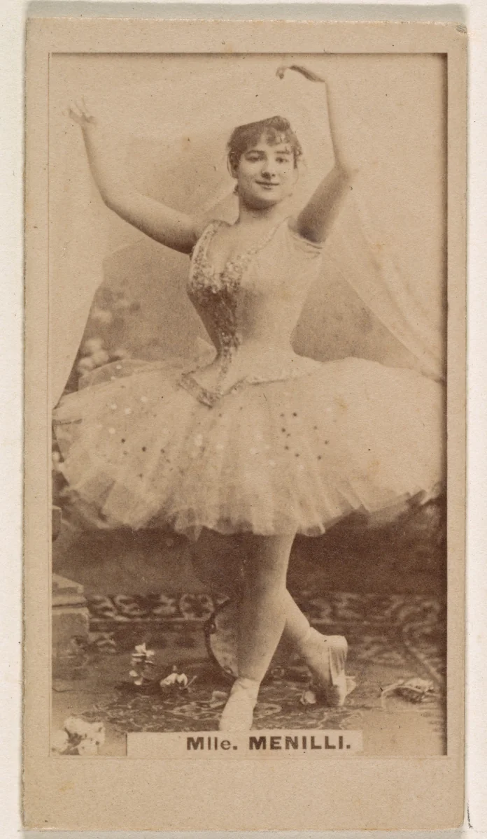 Mlle. Menilli, from the Actresses series (N245) issued by Kinney Brothers to promote Sweet Caporal Cigarettes by Kinney Brothers Tobacco Company, photograph, 1890