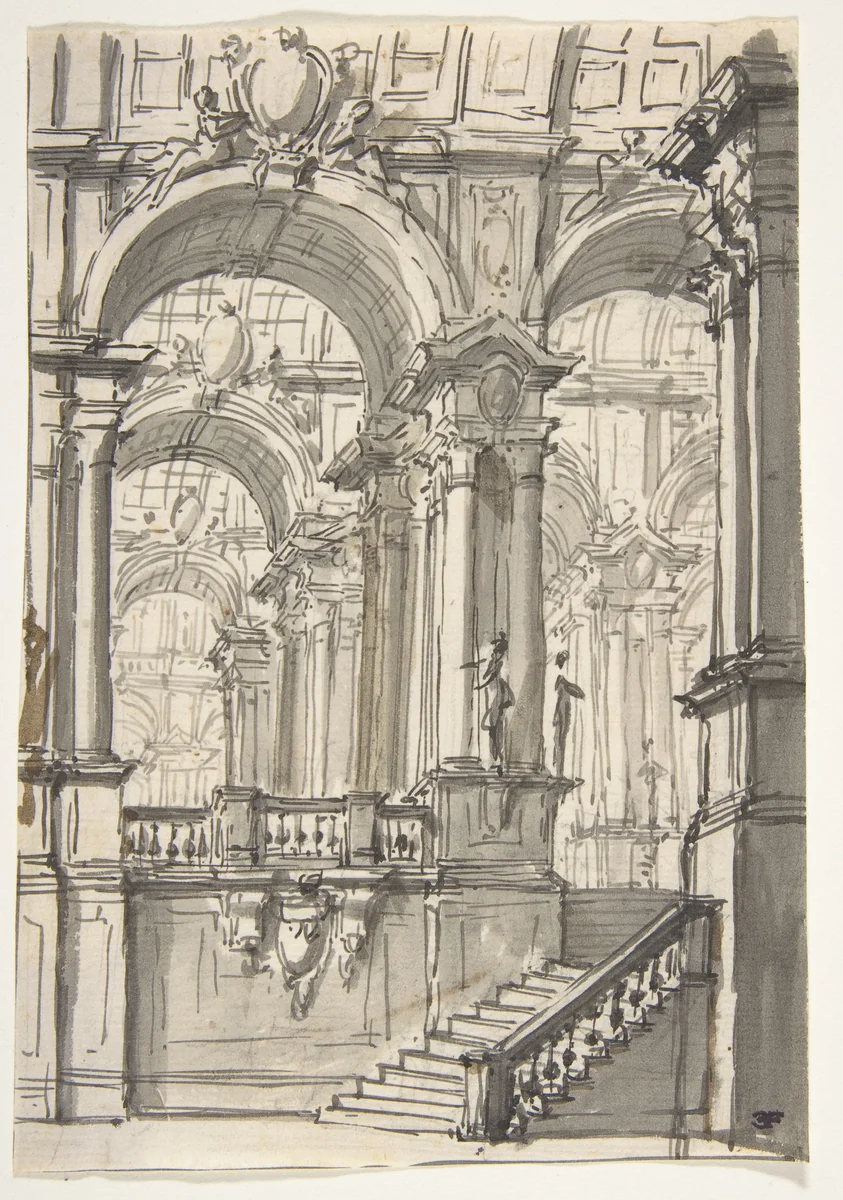 Design for a Stage Sets: Anteroom with Stairs Leading to a Gallery Composed of a Series of Connected Barrel Vaults by Giovanni Battista Natali, drawing, 1698-1765