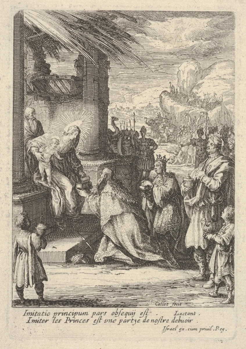 Adoration of the Magi, with Mary bracing Jesus with her right hand and reaching for a gift with her left by Jacques Callot, print, 1621-1635