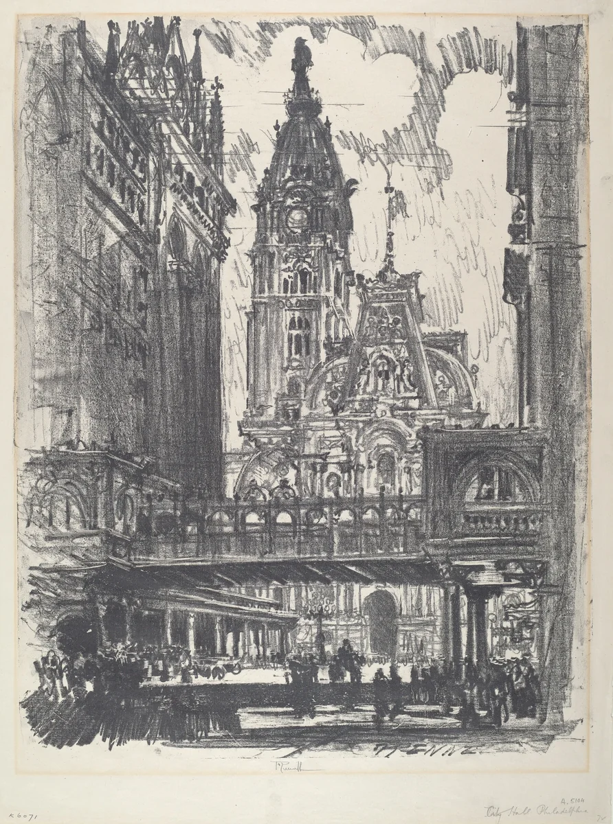 The City Hall and Bridge across Market Street by Joseph Pennell, print, 1912