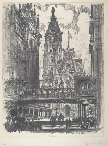 The City Hall and Bridge across Market Street by Joseph Pennell, print, 1912