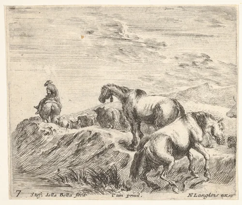 Plate 7: two horses ascending the bank of a river at right, following a procession of horses and one horseman to the left, from "Diversi Capricci" by Stefano della Bella, print, 1644-1647
