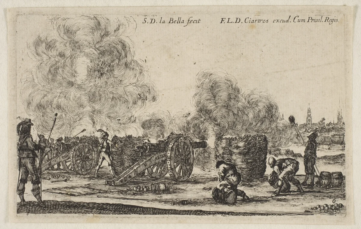 Plate 6: battery of cannons firing on a city, from "Various Military Caprices" (Varii capricci militari) by Stefano della Bella, print, 1636-1646