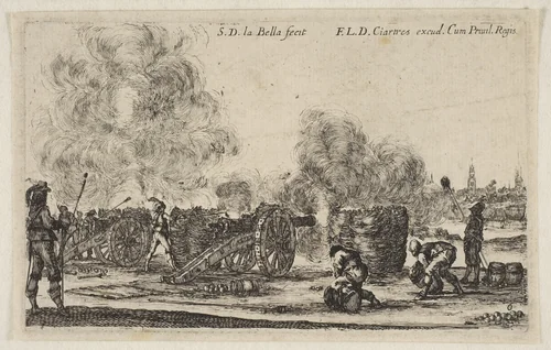 Plate 6: battery of cannons firing on a city, from "Various Military Caprices" (Varii capricci militari) by Stefano della Bella, print, 1636-1646