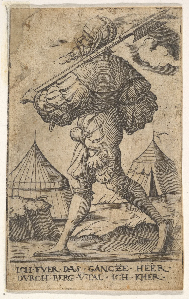 Halberdier walking left and carrying a halberd over his left shoulder, two tents beyond, from "Twelve soldiers of different ranks" by Virgil Solis, print, 1530-1562