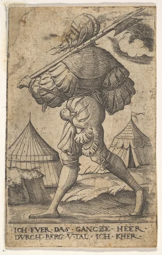 Halberdier walking left and carrying a halberd over his left shoulder, two tents beyond, from "Twelve soldiers of different ranks" by Virgil Solis, print, 1530-1562