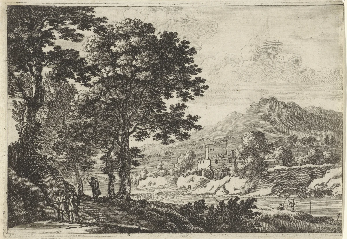 Landschap met twee vissers by anonymous, print, 1623-1705