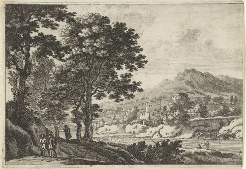 Landschap met twee vissers by anonymous, print, 1623-1705