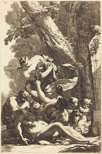 Drunken Silenus Supported by Two Fauns by Michel Dorigny, portfolio, 1617-1665
