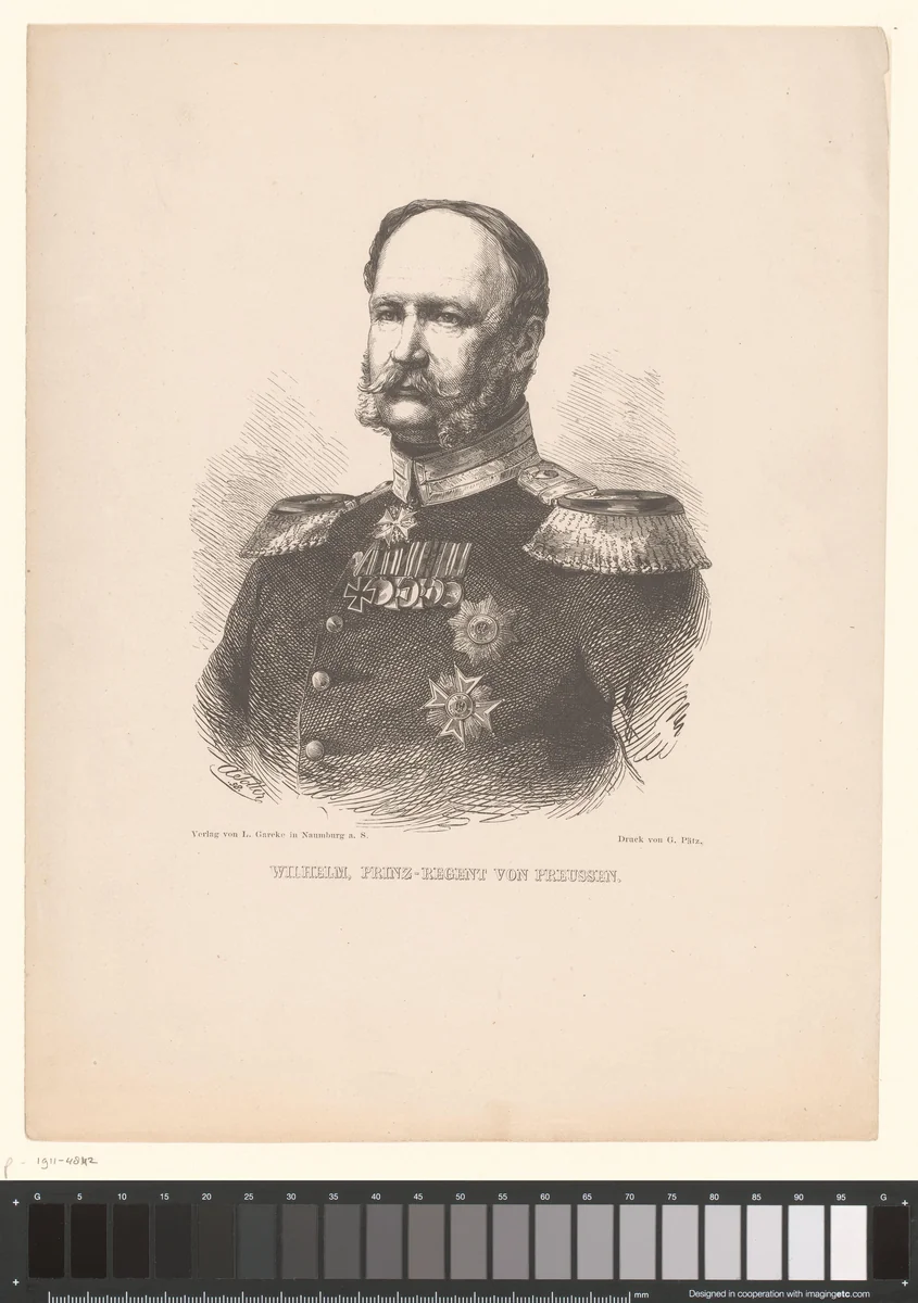 Portret van Wilhelm I, keizer van Duitsland by anonymous, print, 1858