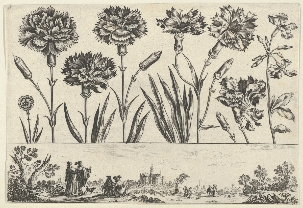 Horizontal Panel with a Row of Flowers Above a Frieze with Figures in a Landscape, from "Livre Nouveau de Fleurs Tres-Util" by Nicolas Cochin, print, 1645