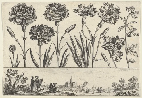 Horizontal Panel with a Row of Flowers Above a Frieze with Figures in a Landscape, from "Livre Nouveau de Fleurs Tres-Util" by Nicolas Cochin, print, 1645