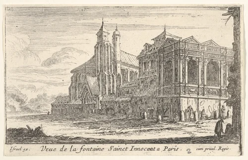 View of the Fountain of the Innocents, Paris, with the Church of the Holy Innocents beyond by Israel Silvestre, print, 1636-1691