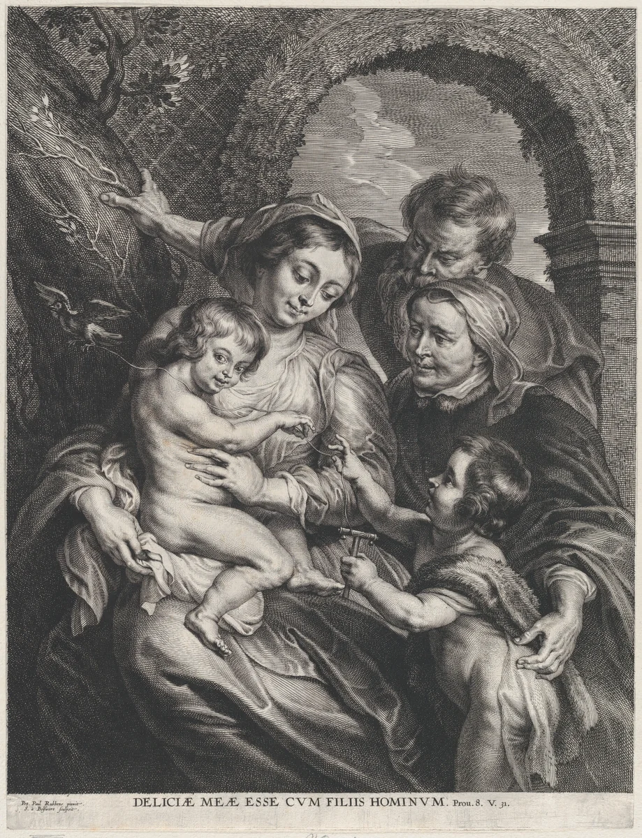 The Holy Family with Saint Elizabeth and the infant Saint John the Baptist, holding a goldfinch on a string by Schelte Adams Bolswert, print, 1595-1659
