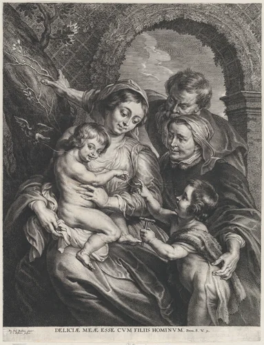 The Holy Family with Saint Elizabeth and the infant Saint John the Baptist, holding a goldfinch on a string by Schelte Adams Bolswert, print, 1595-1659