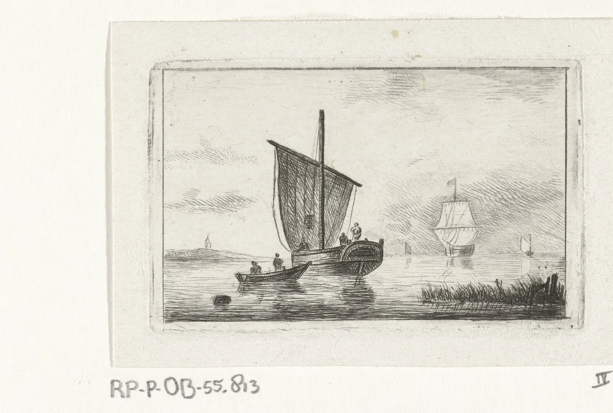 Riviergezicht met zeilschip by Willem Gruyter jr., print, 1832-1880