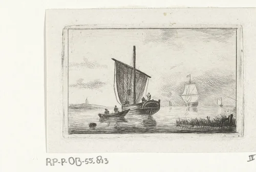 Riviergezicht met zeilschip by Willem Gruyter jr., print, 1832-1880