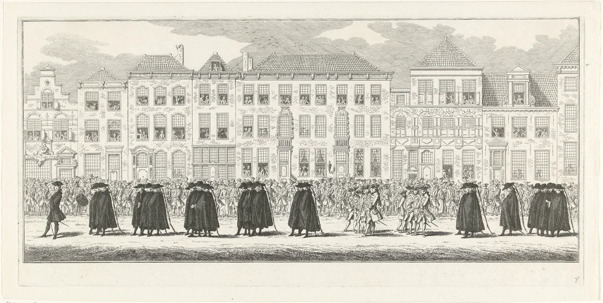 Leden van de hoffelijke administratie in de lijkstoet van Anna van Hannover te Delft, 1759 by Simon Fokke, print, 1759-1761