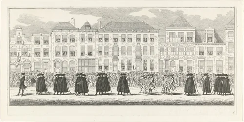 Leden van de hoffelijke administratie in de lijkstoet van Anna van Hannover te Delft, 1759 by Simon Fokke, print, 1759-1761