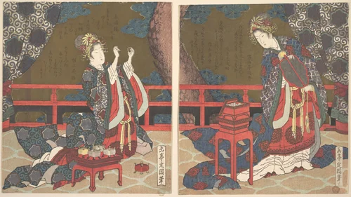 Two Ladies on a Verandah, One with Fan, the Other Threading a Needle by Yashima Gakutei (八島岳亭), print, 1800-1833
