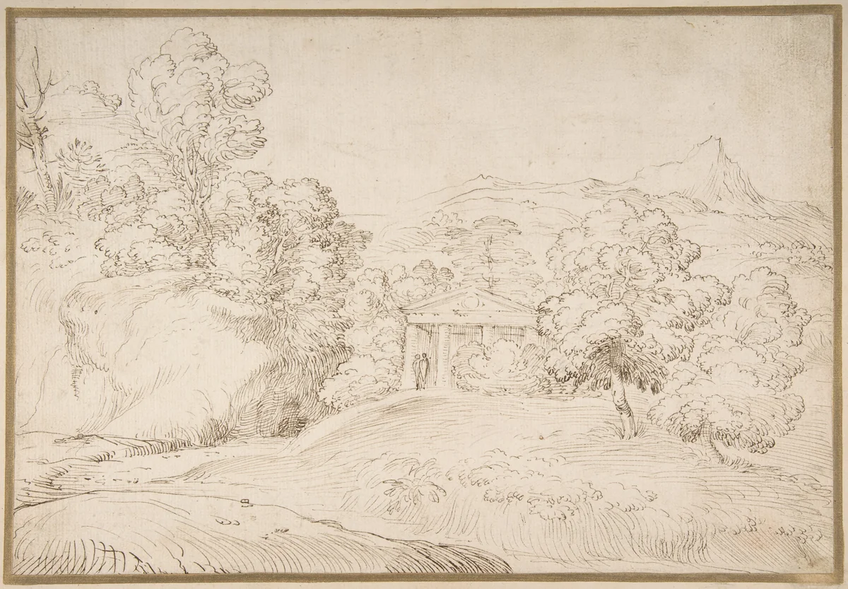 Landscape with a Pedimented Temple and Two Figures by Giovanni Francesco Grimaldi, drawing, 1615-1680