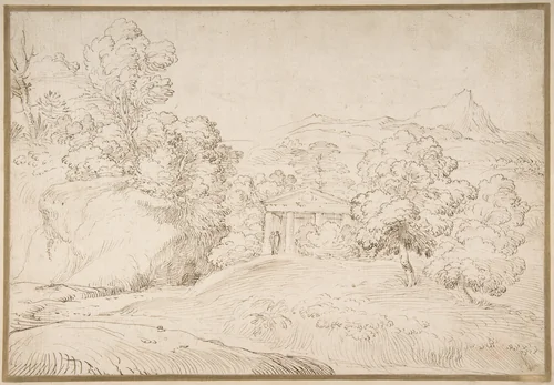 Landscape with a Pedimented Temple and Two Figures by Giovanni Francesco Grimaldi, drawing, 1615-1680