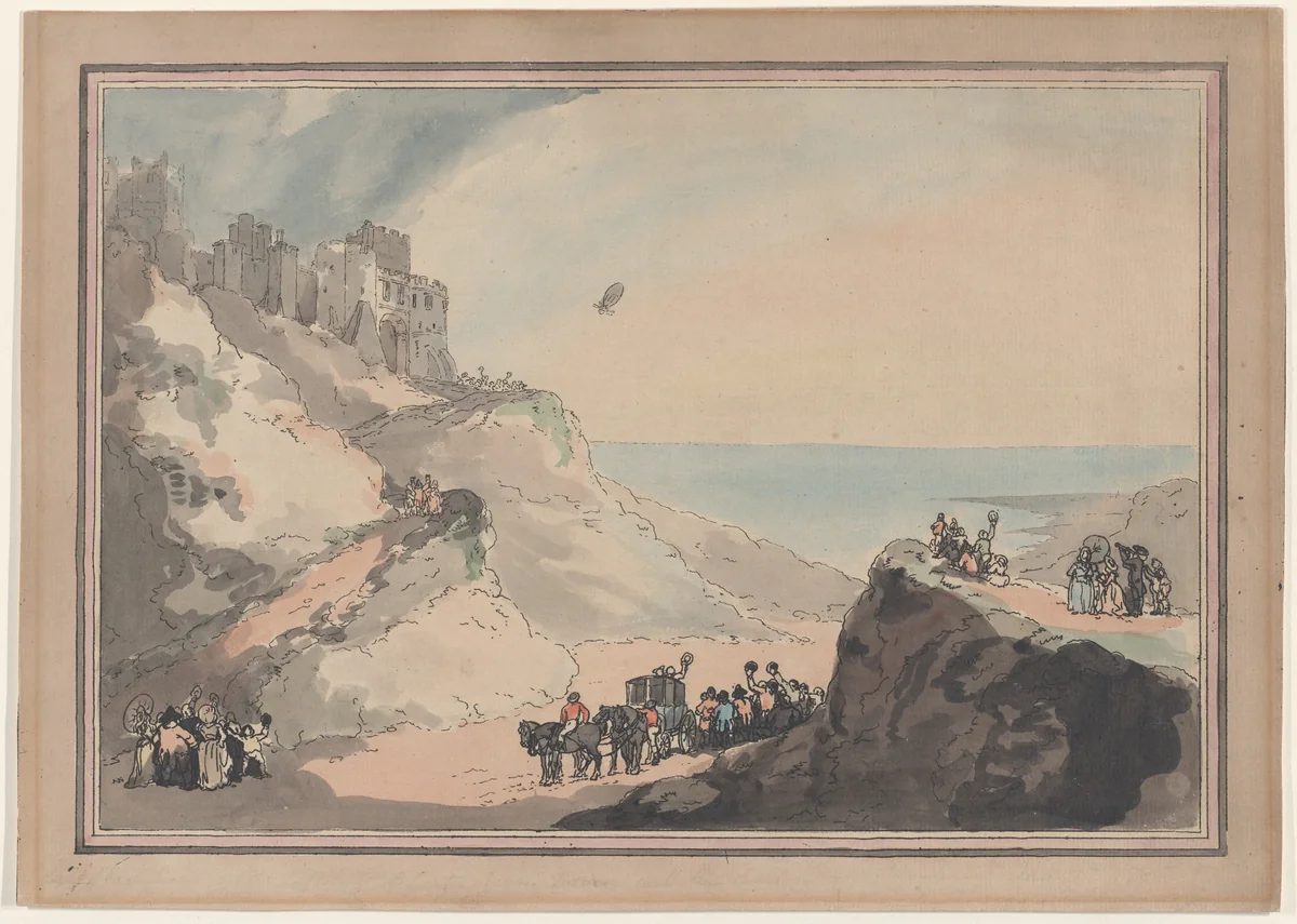 Departure of Blanchard and Jeffries' Balloon from Dover, January 7, 1785 by Thomas Rowlandson, print, 1794